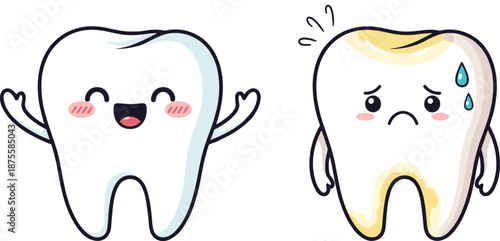 Cute cartoon tooth characters set featuring a happy healthy white tooth and a sad yellow tooth with cavities.