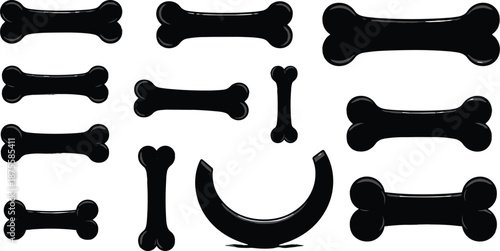 Collection of stylized black cartoon bone silhouettes arranged in grid pattern for pet design, Halloween decoration, and anatomy illustration
