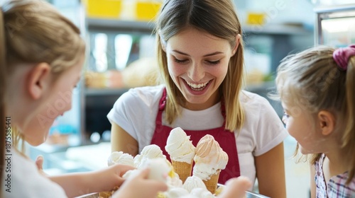 A woman and two children in a bakery, selecting ice cream cones.