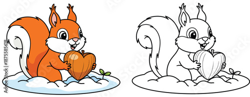 Cute cartoon squirrel holding a nut in winter snow Vector illustration set with colorful and black and white outline versions for coloring book page