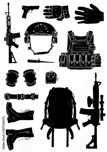 Military Tactical Equipment Icons – Vector Silhouettes Set
