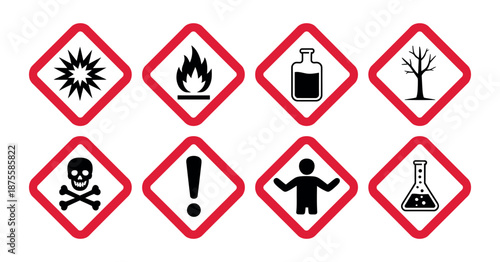 Hazard Warning safety icons with explosive flammable and toxic chemical symbols