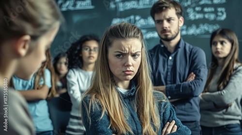 A group of students in a classroom, with one girl looking angry and the others looking concerned.