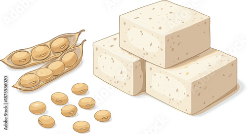 Fresh soy tofu blocks with organic soybeans in pods and loose beans for vegan and vegetarian protein concepts
