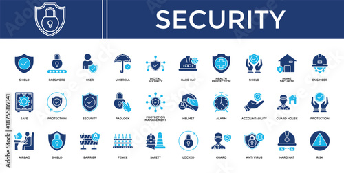 Security icon set collection. Containing residence, monitoring, plan, secure, human, locked, investment .Solid vector icons collection