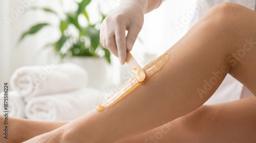 Beautician in glove applying golden sugar wax on a woman's leg for epilation. Close-up of hair removal procedure in a spa.