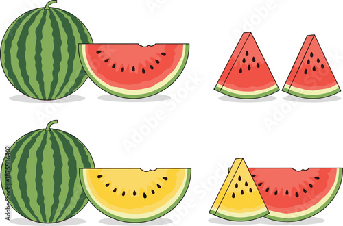 Fresh whole watermelon and sliced fruit pieces with red and yellow flesh isolated on white background for healthy summer food concept.