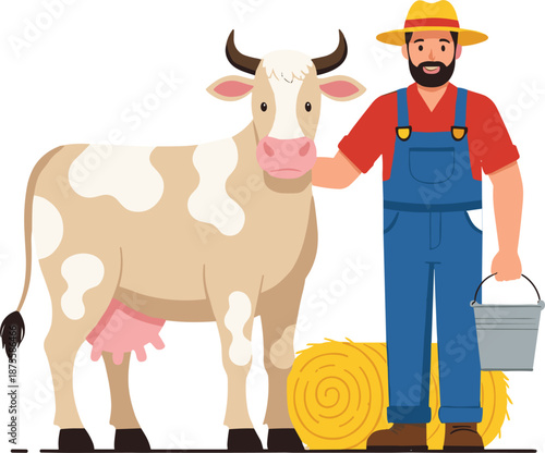 Friendly male dairy farmer in overalls standing next to a milk cow with a bucket and hay bales.