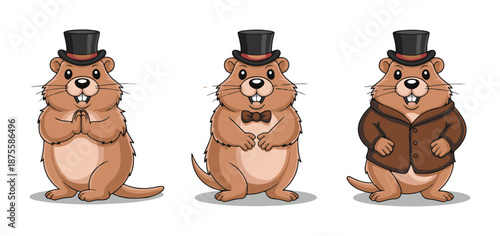 Three Groundhogs Wearing Hats and Suits