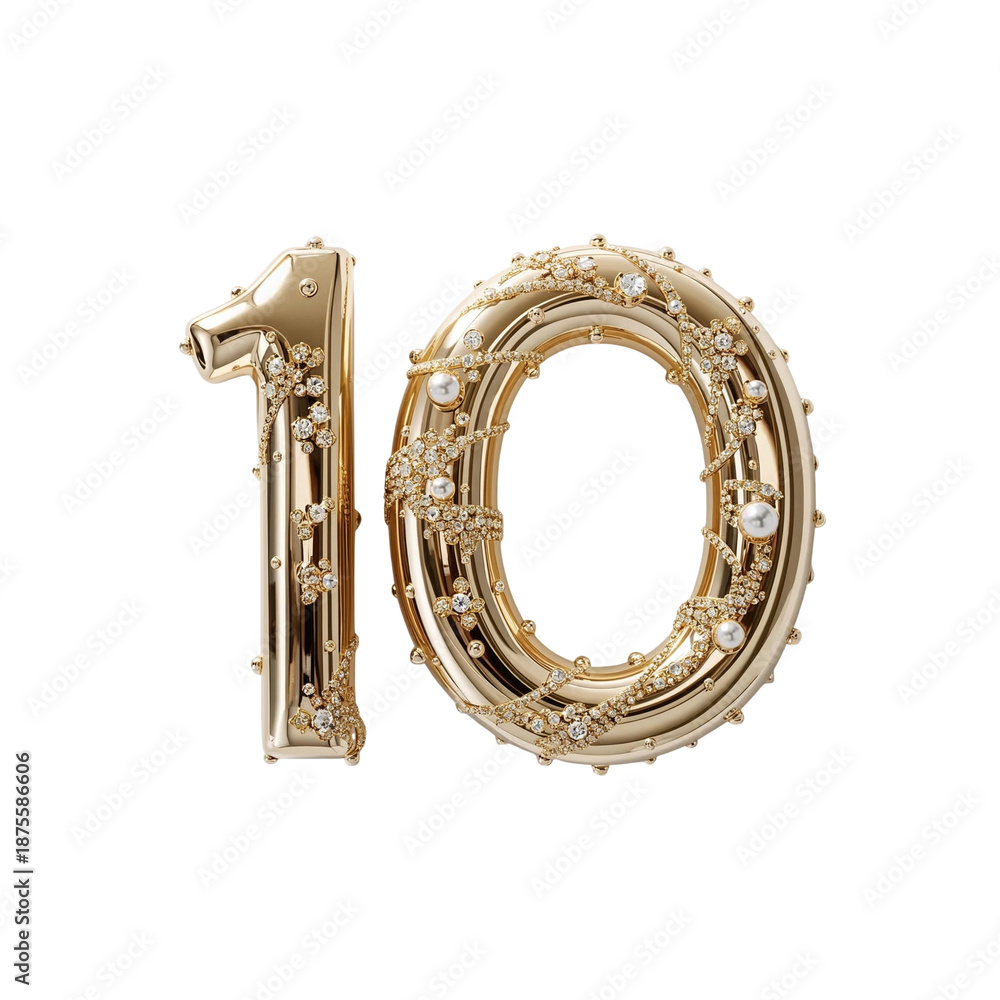 Obraz premium Golden number ten, adorned with sparkling diamonds and lustrous pearls, symbolizing a luxurious anniversary or significant milestone. Elegant design for celebrations