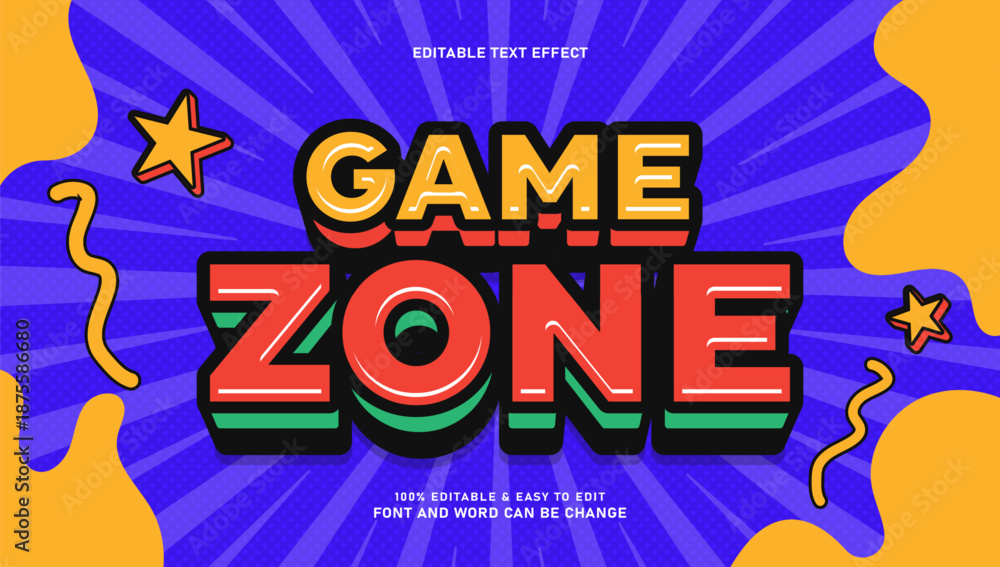 Fototapeta premium Retro Comic Style Game Zone Text Effect with Sunburst Background