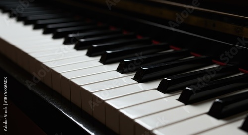 A close-up shot of a piano keyboard with white and black keys