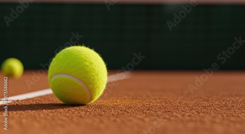 A close-up image of a fuzzy yellow tennis ball on a clay court with another ball blurred in the background