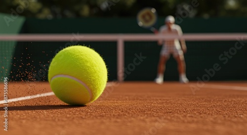 A bright yellow tennis ball on a clay court with a player ready to hit it in the background