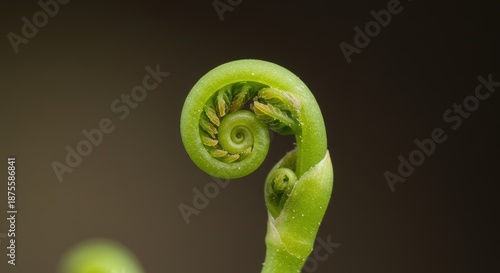 A tightly coiled green fern frond against a dark background