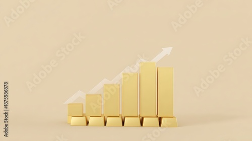 Golden bar graph illustrating business growth, financial success, and investment potential on a neutral background with upward trending arrow.