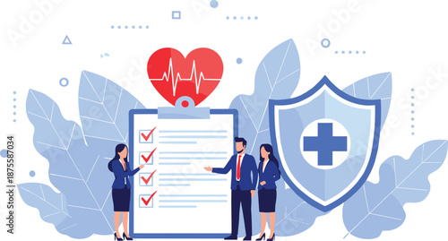 Health insurance and medical planning concept with doctors reviewing checklist heart rate pulse and protective cross shield icon.