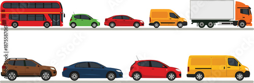 Collection of urban transportation vehicles including double decker bus truck van suv and sedan cars isolated on white background for city traffic and logistics