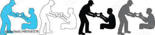 Humanitarian Aid and Charity Silhouette Set Giving Food to Homeless Person Vector Illustration