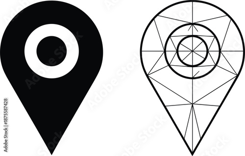 Map pointer location pin icon set with solid black and geometric line art styles for GPS navigation and travel destination tracking web design.