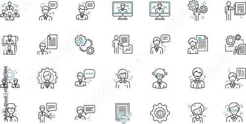Large collection of business people icons and professional career development symbols with line art style for human resources corporate communication and office management