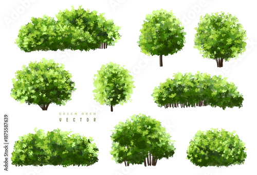 Vertor set of green tree,plants side view for landscape elevations,element for backdrop,eco environment concept design,watercolor greenery scene