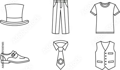 Men's formal fashion clothing icon set including top hat trousers t-shirt dress shoe necktie and vest in thin line art style.