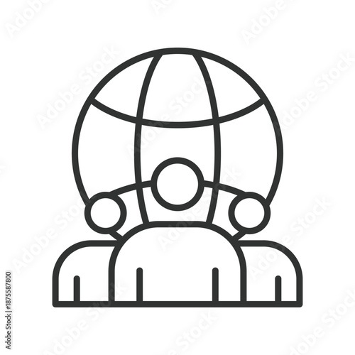 Global community teamwork, icon in line design. people, globe, teamwork, connection, group, network, world on white background vector. Global community editable stroke icon