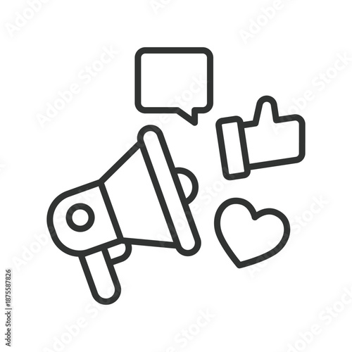 Social media promotion, icon in line design. megaphone, like, heart, message, marketing, promotion, share on white background vector. Promotion editable stroke icon