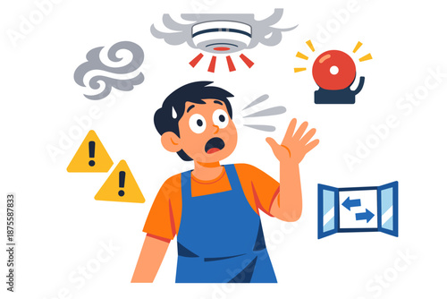 Alarmed young male experiencing emergency alert with smoke detector and siren