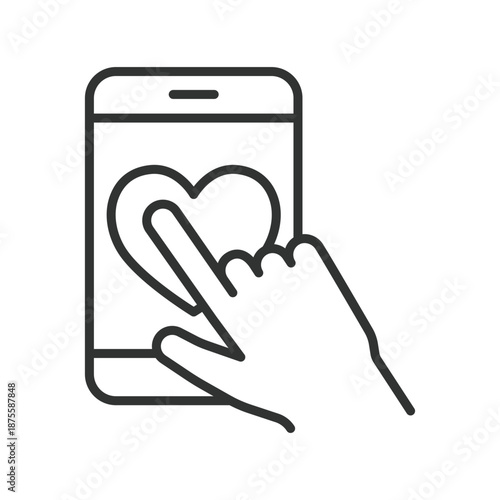 Mobile like interaction, icon in line design. smartphone, heart, tap, touch, like, screen, gesture on white background vector. Like action editable stroke icon