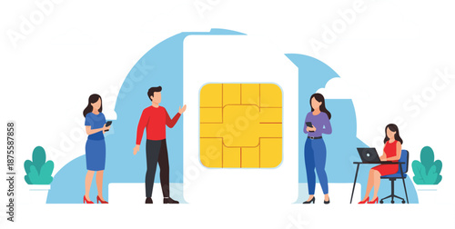 Mobile telecommunications concept with giant SIM card and diverse professional people using smartphones and laptops for global connectivity.