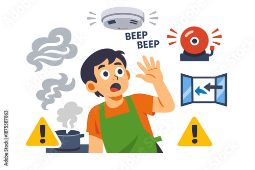 Young asian boy reacting to smoke alarm alert while cooking at home