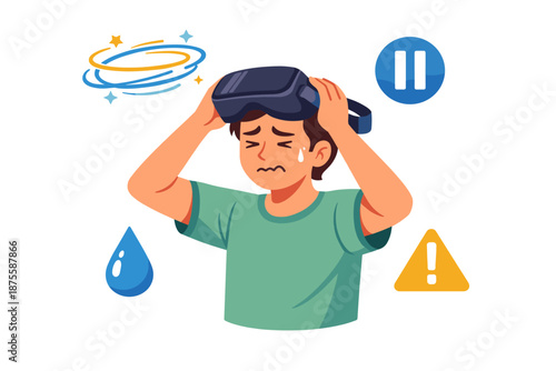 Young caucasian male experiencing vr motion sickness with headset and warning signs around