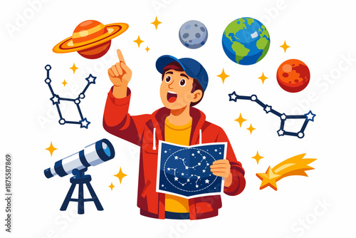 Young male exploring astronomy with telescope and star map