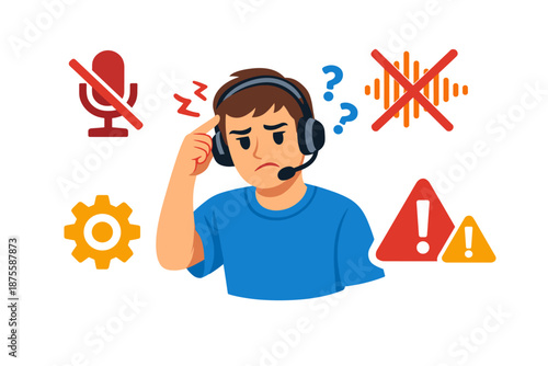 Confused young caucasian male with headset facing audio issues