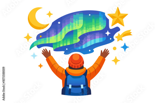 Child gazing at northern lights with moon and stars in night sky