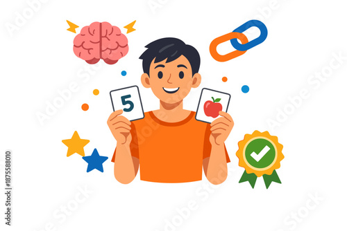 Asian male teen smiling holding number and apple cards surrounded by educational icons