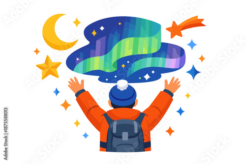 Child observing northern lights surrounded by stars and moon in winter scene