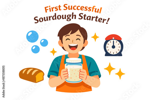 Asian male young baker celebrates first successful sourdough starter creation