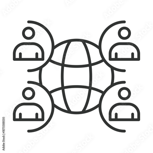 Global social connections, icon in line design. globe, users, network, people, world, connection, community on white background vector. Global network editable stroke icon