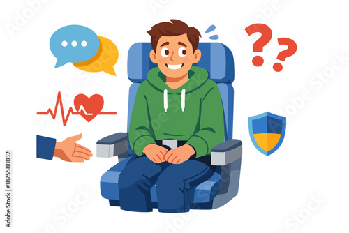 Nervous young caucasian male passenger on airplane with safety icons and heartbeat symbols