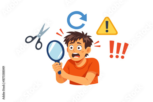 Shocked cartoon boy with mirror and alert symbols