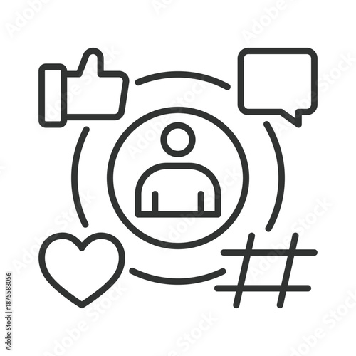 User engagement circle, icon in line design. user, like, comment, hashtag, interaction, feedback, social on white background vector. Engagement editable stroke icon