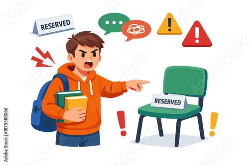 Animated young male student arguing over reserved seat with signs and exclamation marks