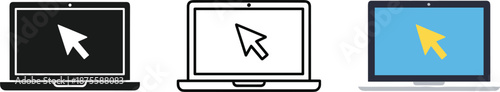 Modern laptop computer icon set with mouse cursor arrow in flat linear and solid styles for digital technology web design and remote work concept.