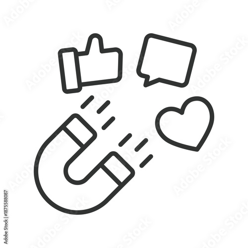 Social media attraction magnet, icon in line design. magnet, like, heart, comment, engagement, attract, audience on white background vector. Attraction editable stroke icon