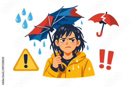 Frustrated young female in raincoat with broken umbrella