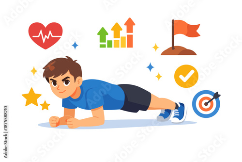 Young caucasian boy exercising plank with progress and fitness icons