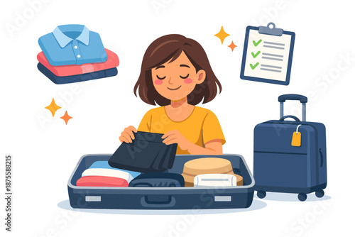 Young female packing luggage for travel: preparing checklist and clothes